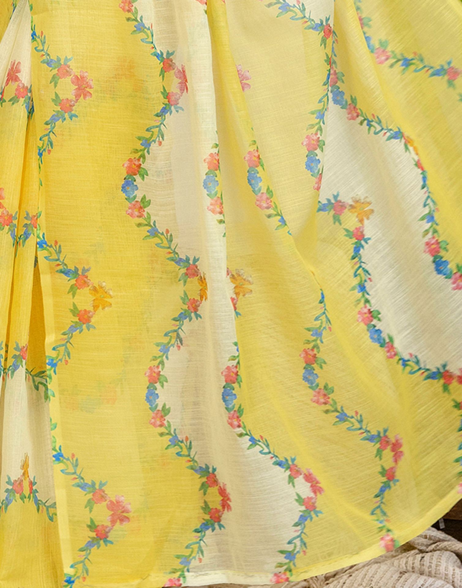 Yellow Cotton Printed Saree