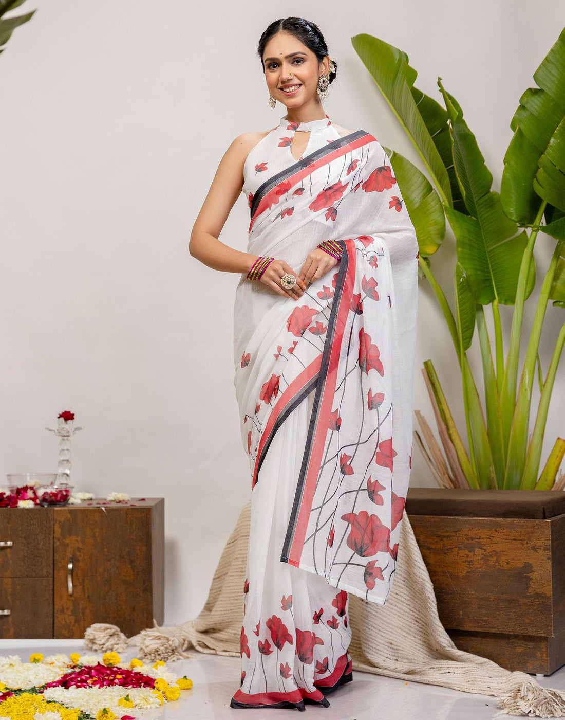 White Cotton Floral Printed Saree