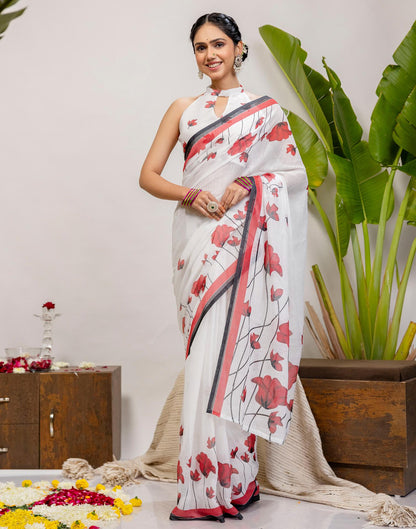 White Cotton Floral Printed Saree