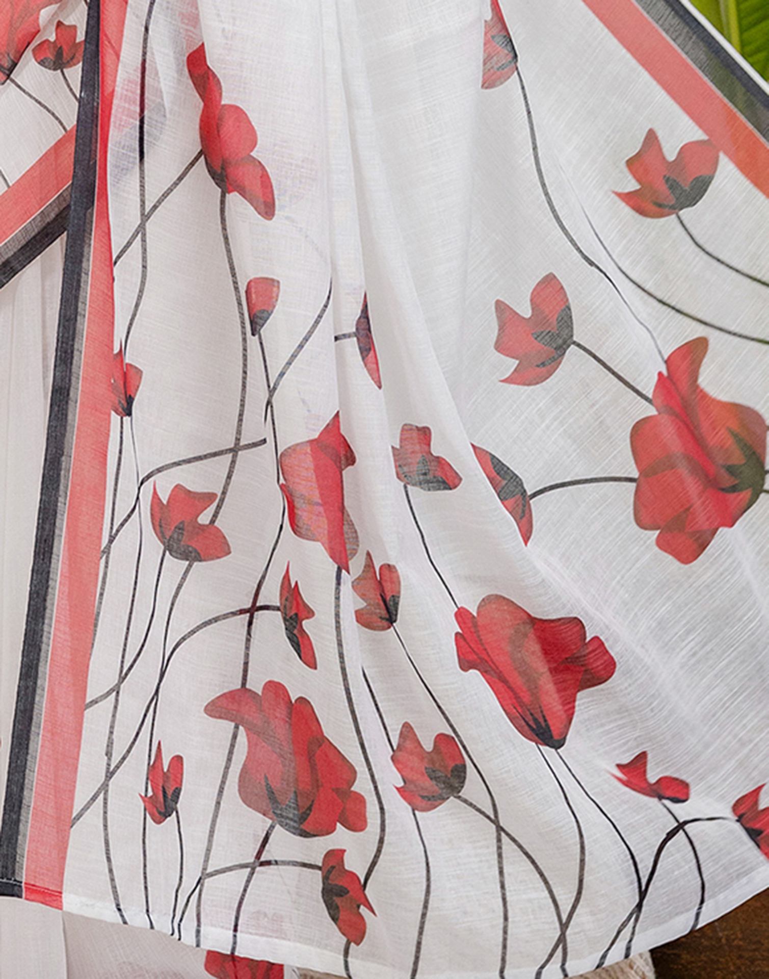 White Cotton Floral Printed Saree