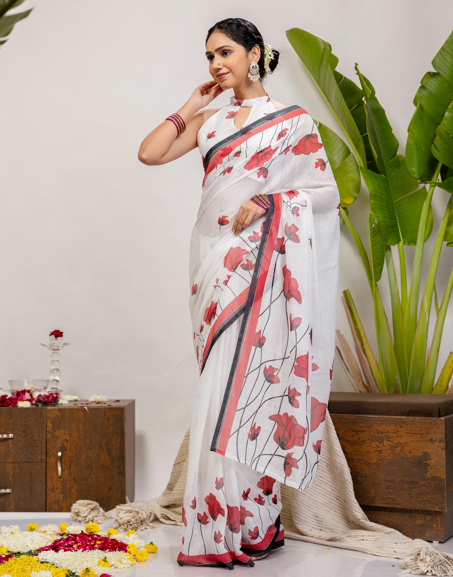 White Cotton Floral Printed Saree