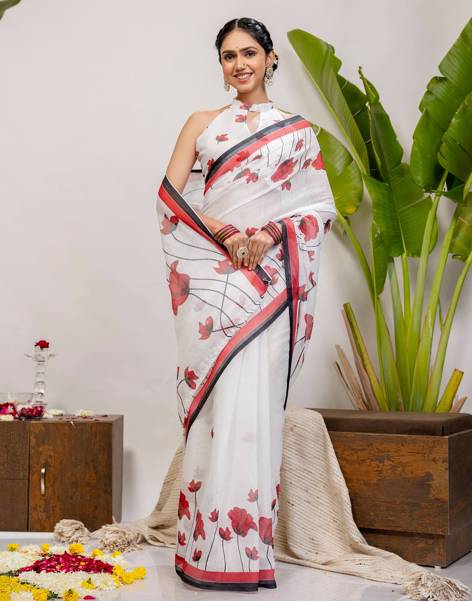 White Cotton Floral Printed Saree