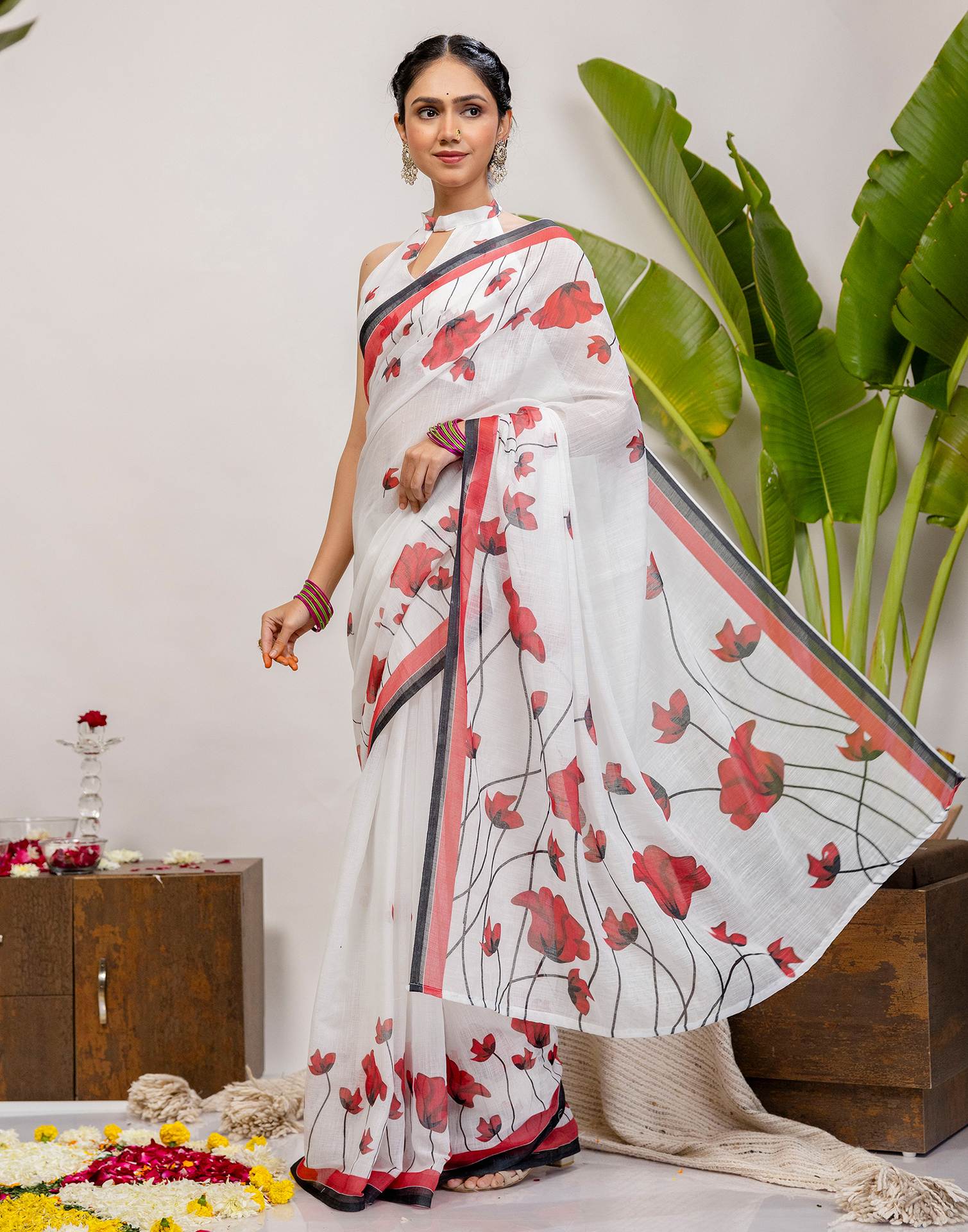 White Cotton Floral Printed Saree