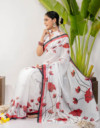 White Cotton Floral Printed Saree