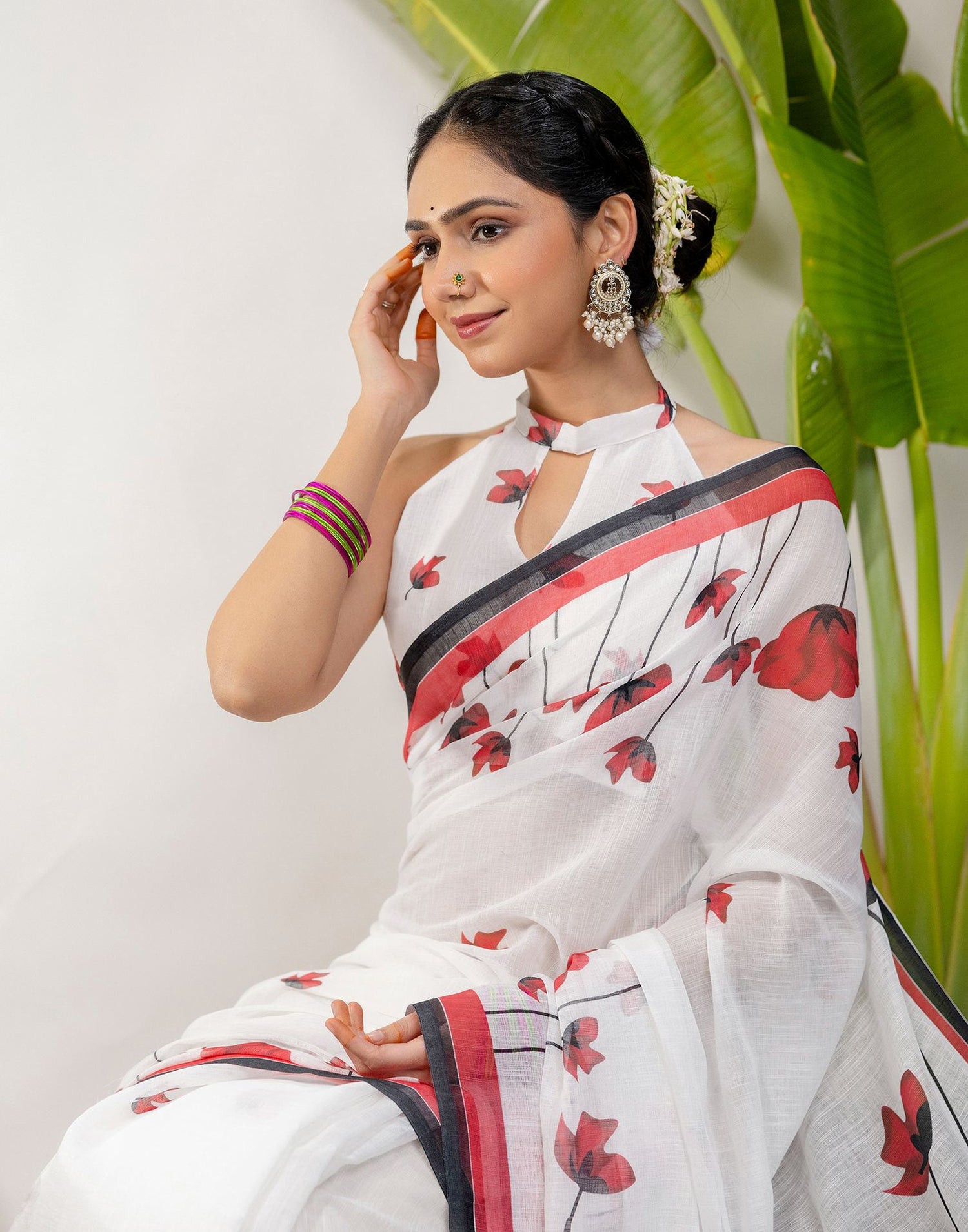 White Cotton Floral Printed Saree