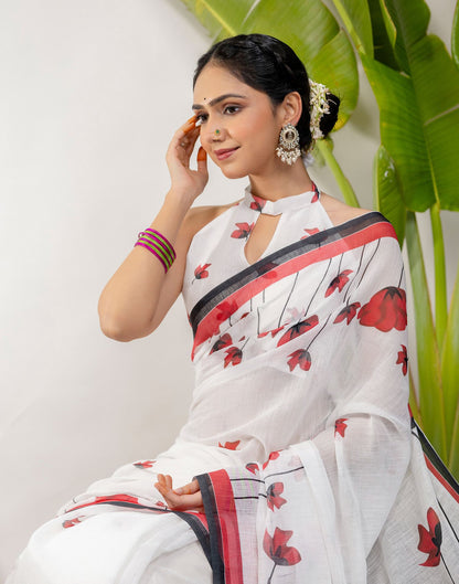 White Cotton Floral Printed Saree