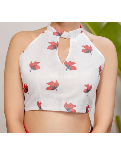 White Cotton Floral Printed Saree