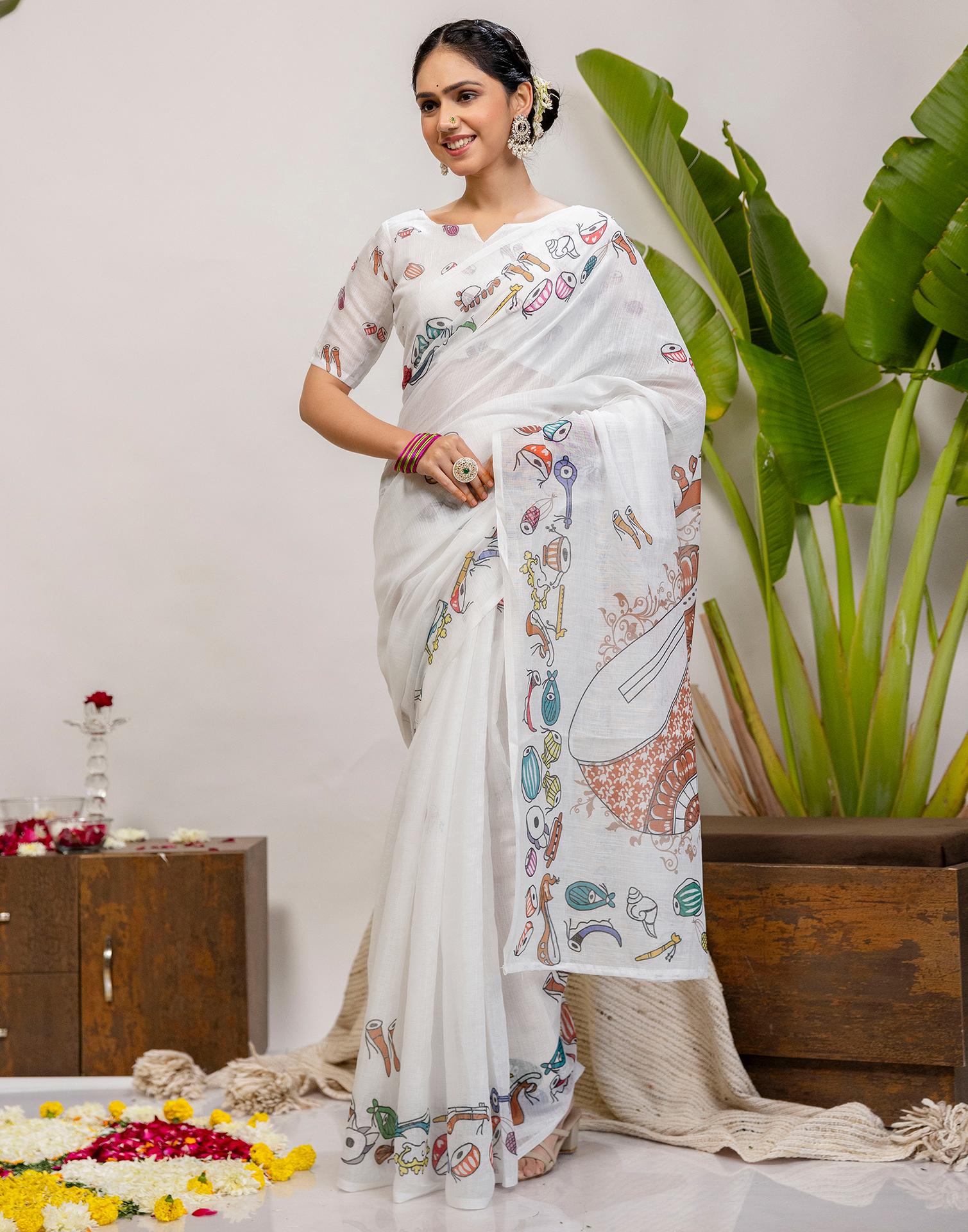 White Cotton Printed Saree