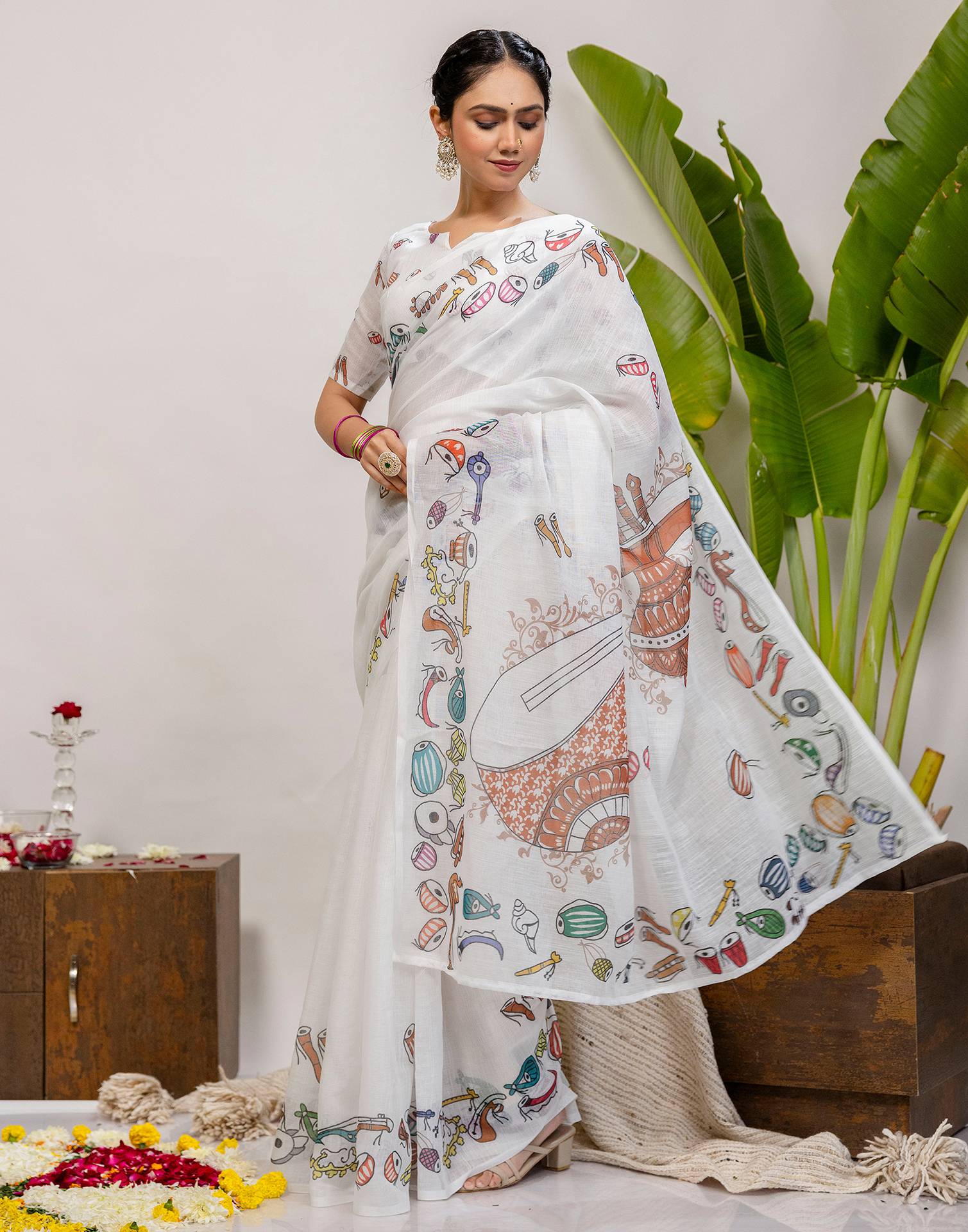 White Cotton Printed Saree