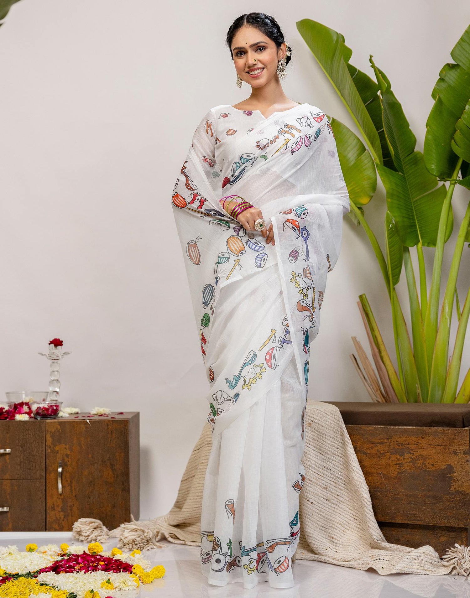 White Cotton Printed Saree