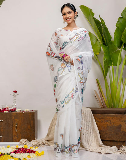 White Cotton Printed Saree