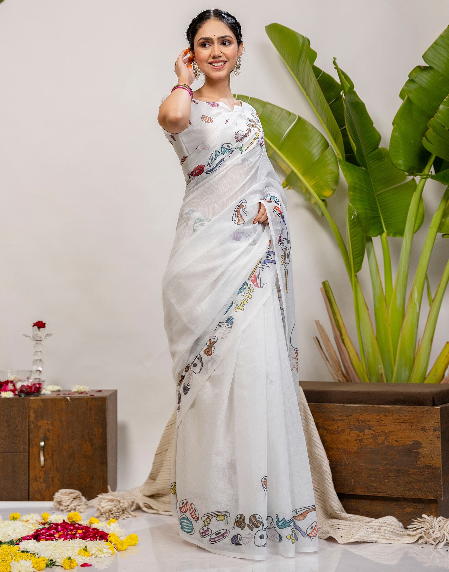 White Cotton Printed Saree