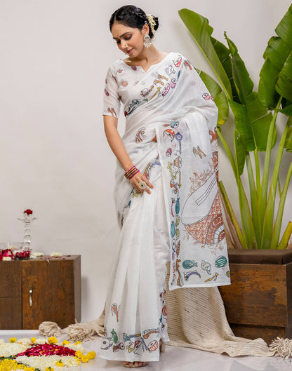 White Cotton Printed Saree
