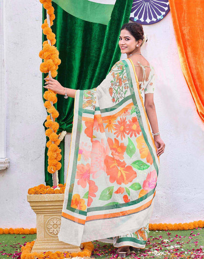 White Linen Floral Printed Saree