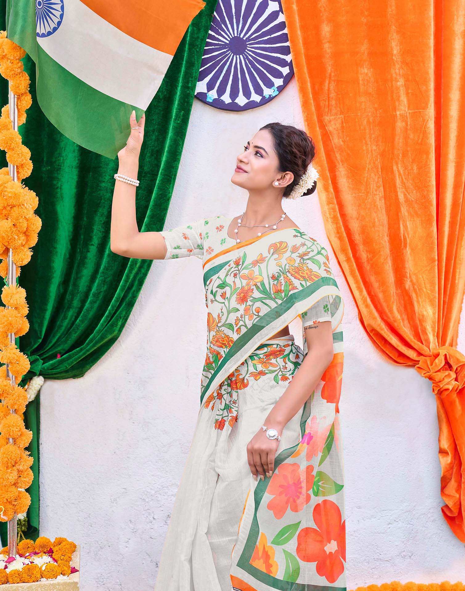 White Linen Floral Printed Saree