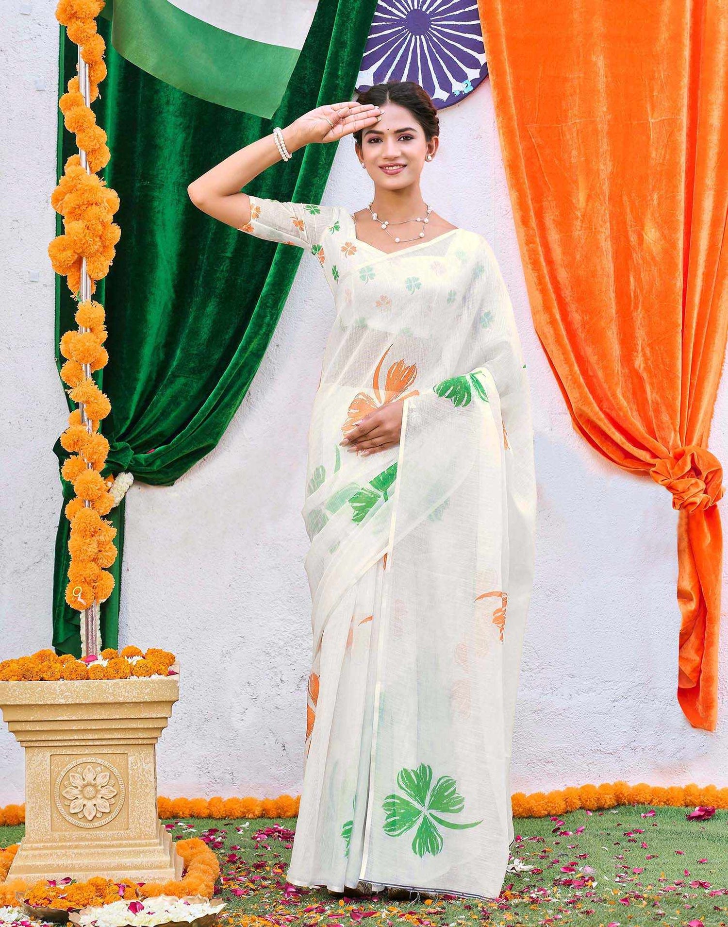 White Linen Printed Saree