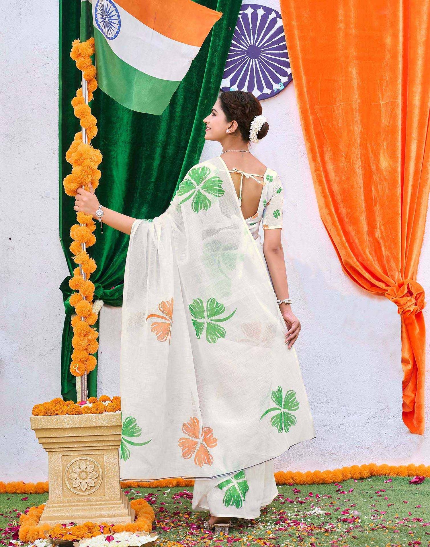 White Linen Printed Saree