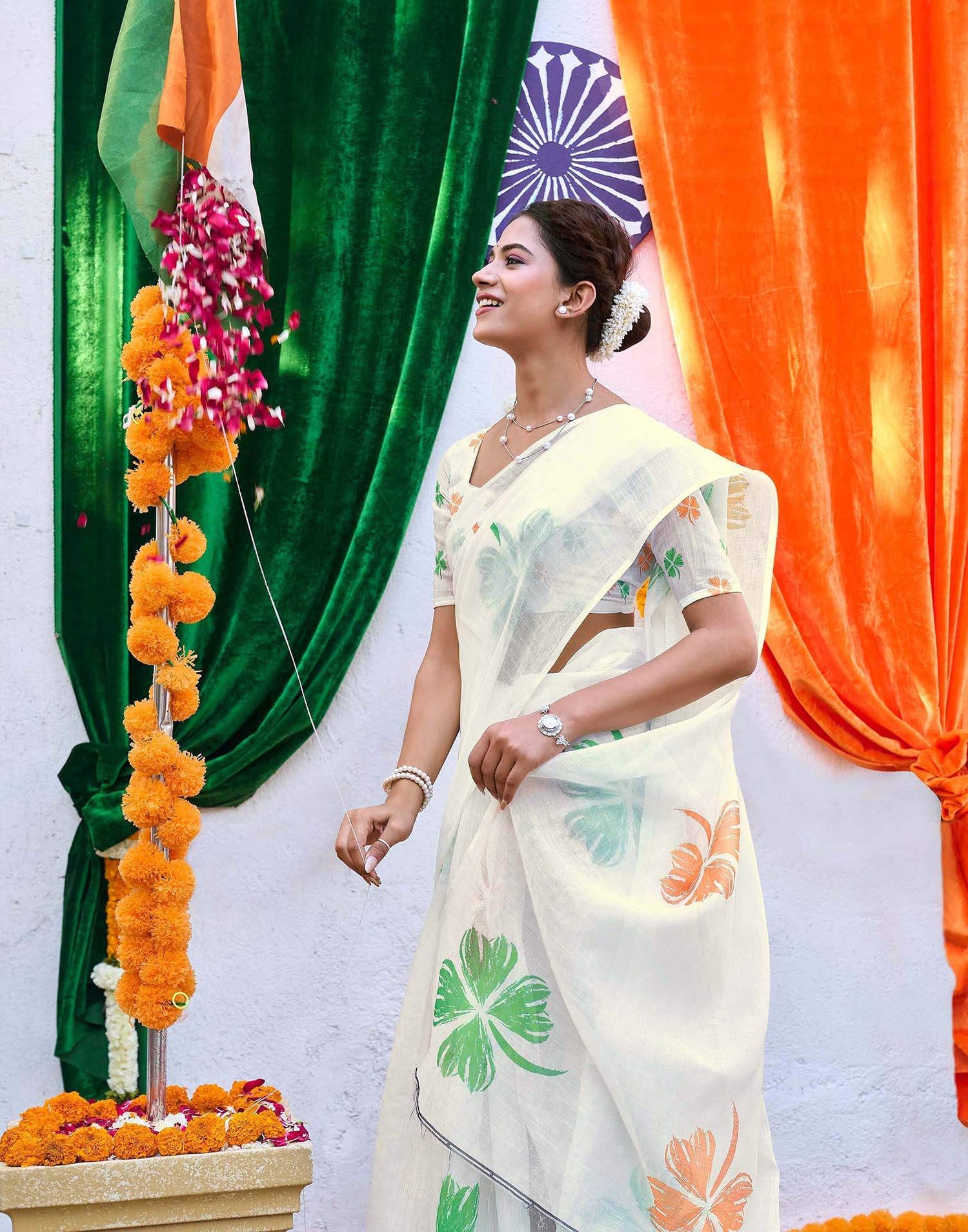 White Linen Printed Saree