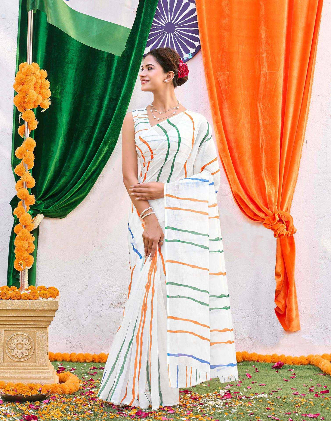 White Linen Printed Saree