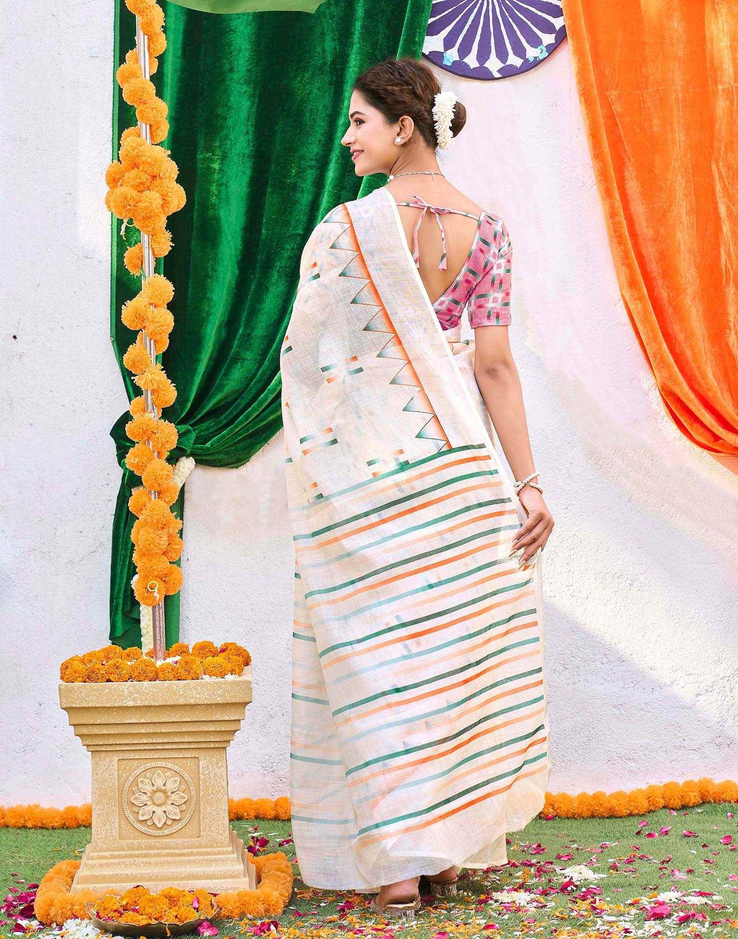 White Linen Printed Saree