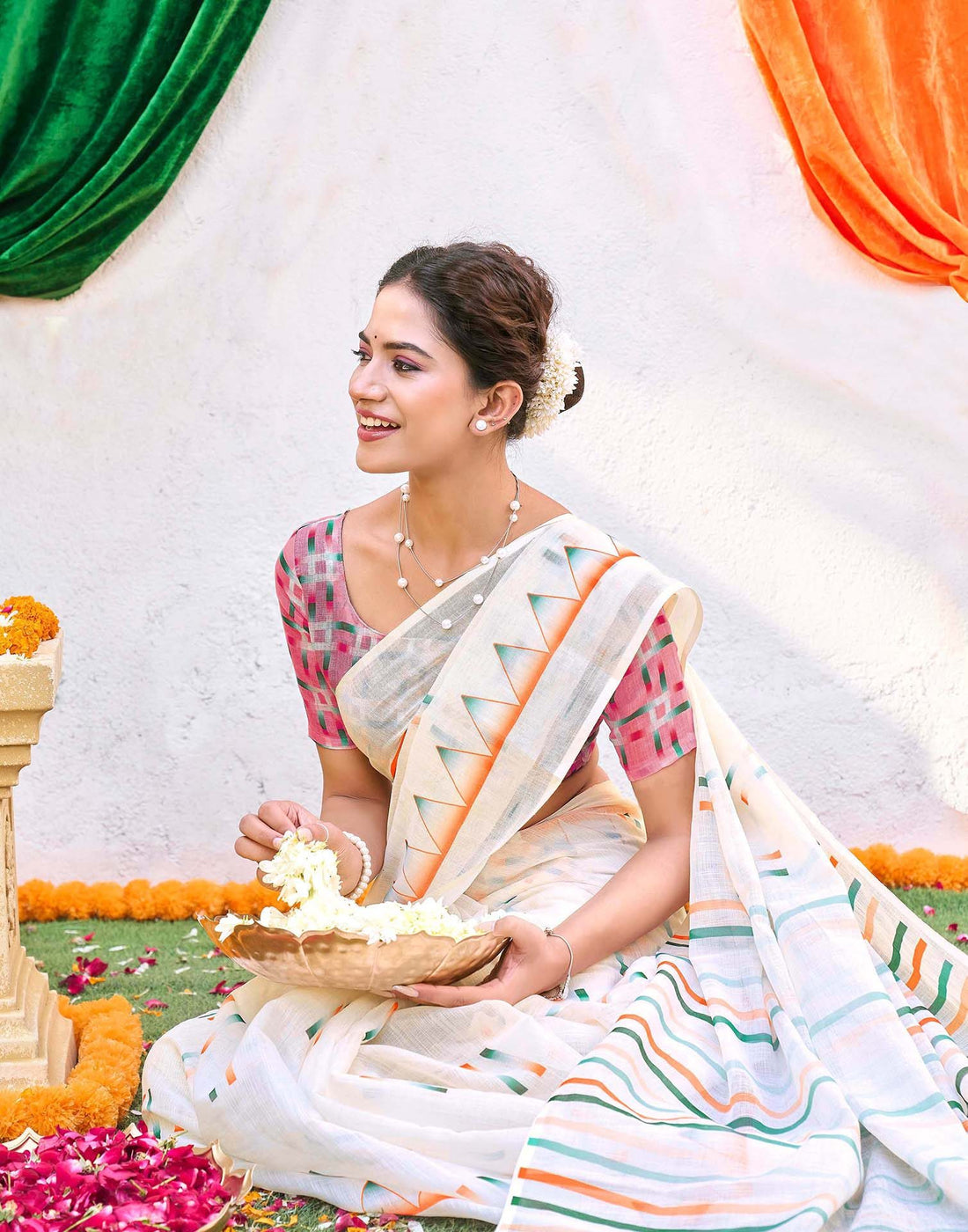 White Linen Printed Saree