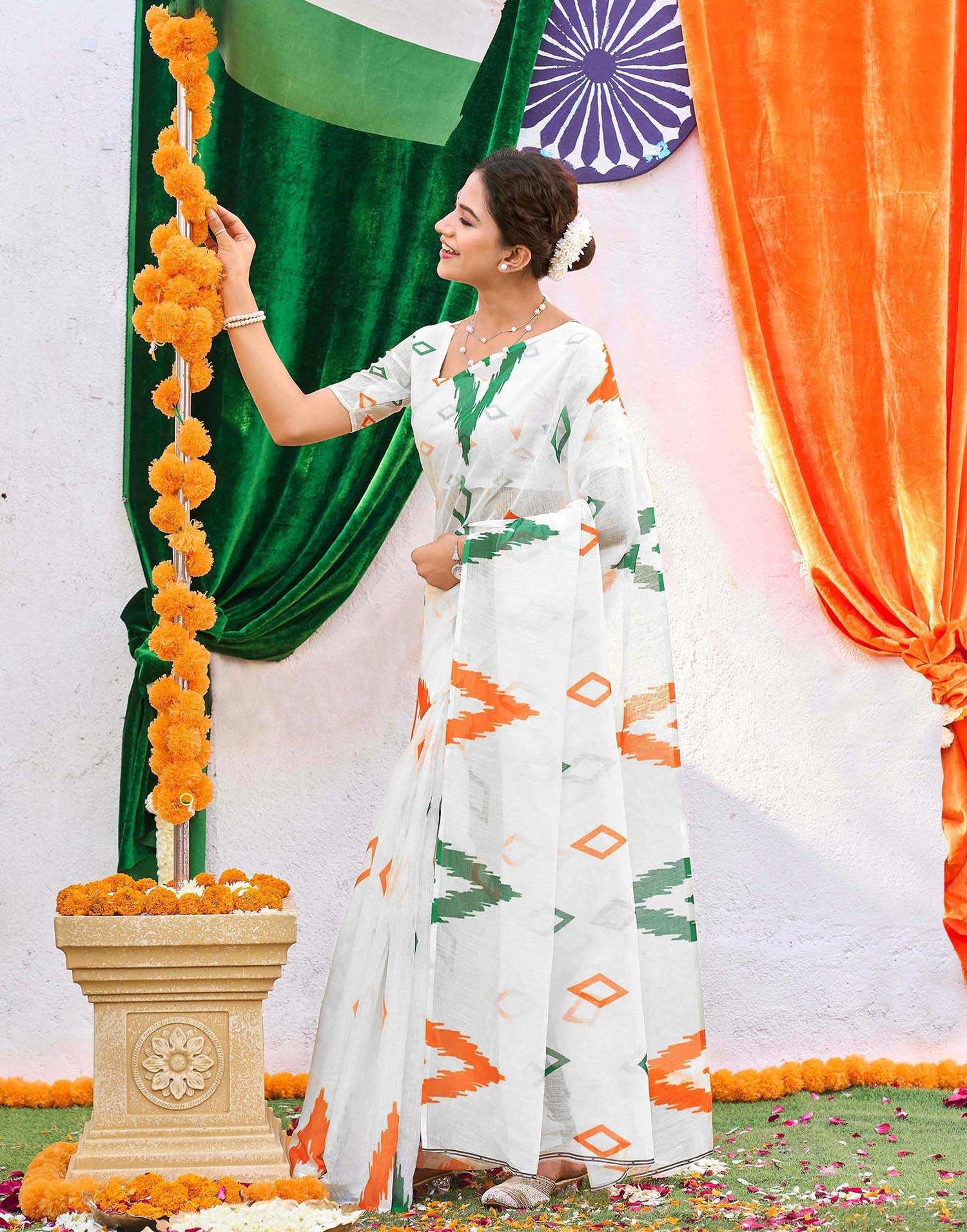 White Linen Printed Saree