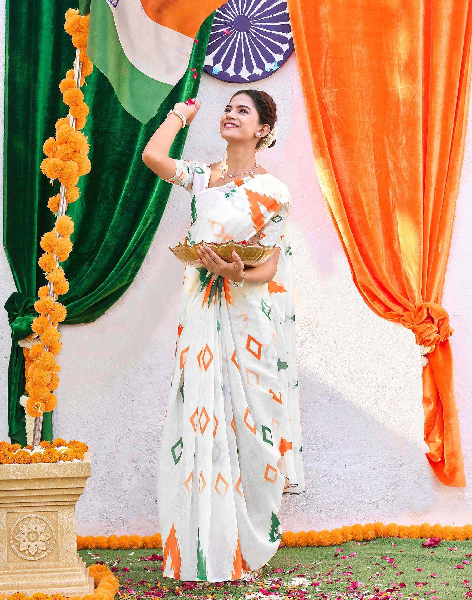 White Linen Printed Saree