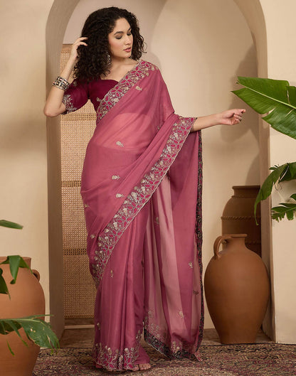 Dusty Rose Pink Shimmer Sequence  Embroidery Saree
