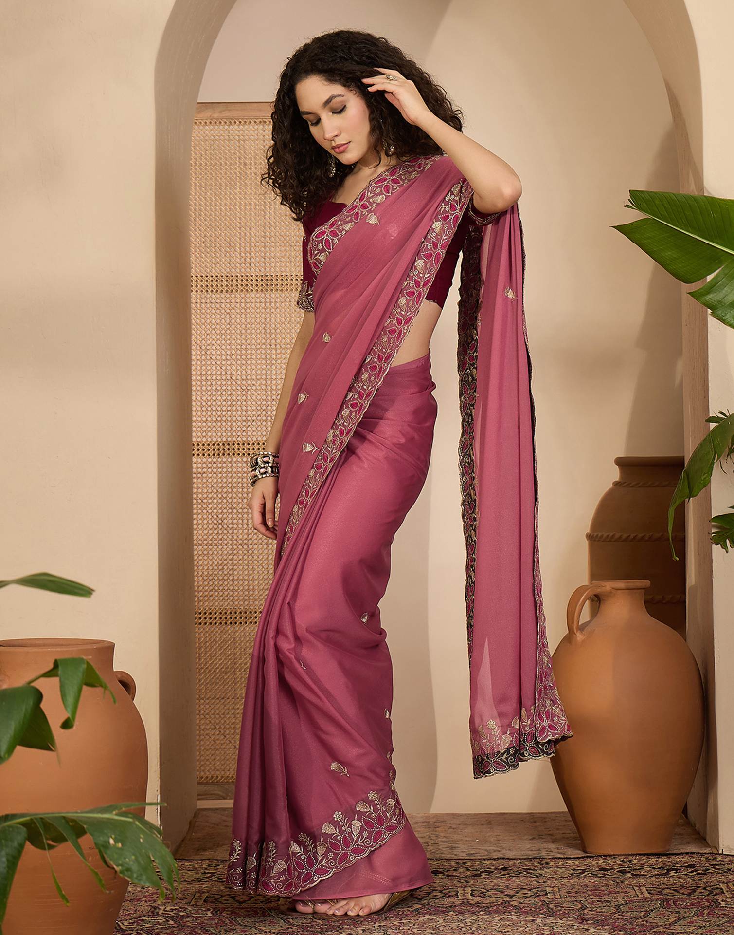 Dusty Rose Pink Shimmer Sequence  Embroidery Saree