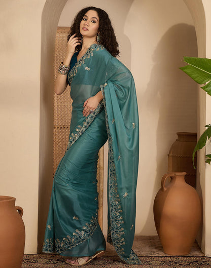 Dusty Teal Blue Shimmer Sequence  Embroidery Saree