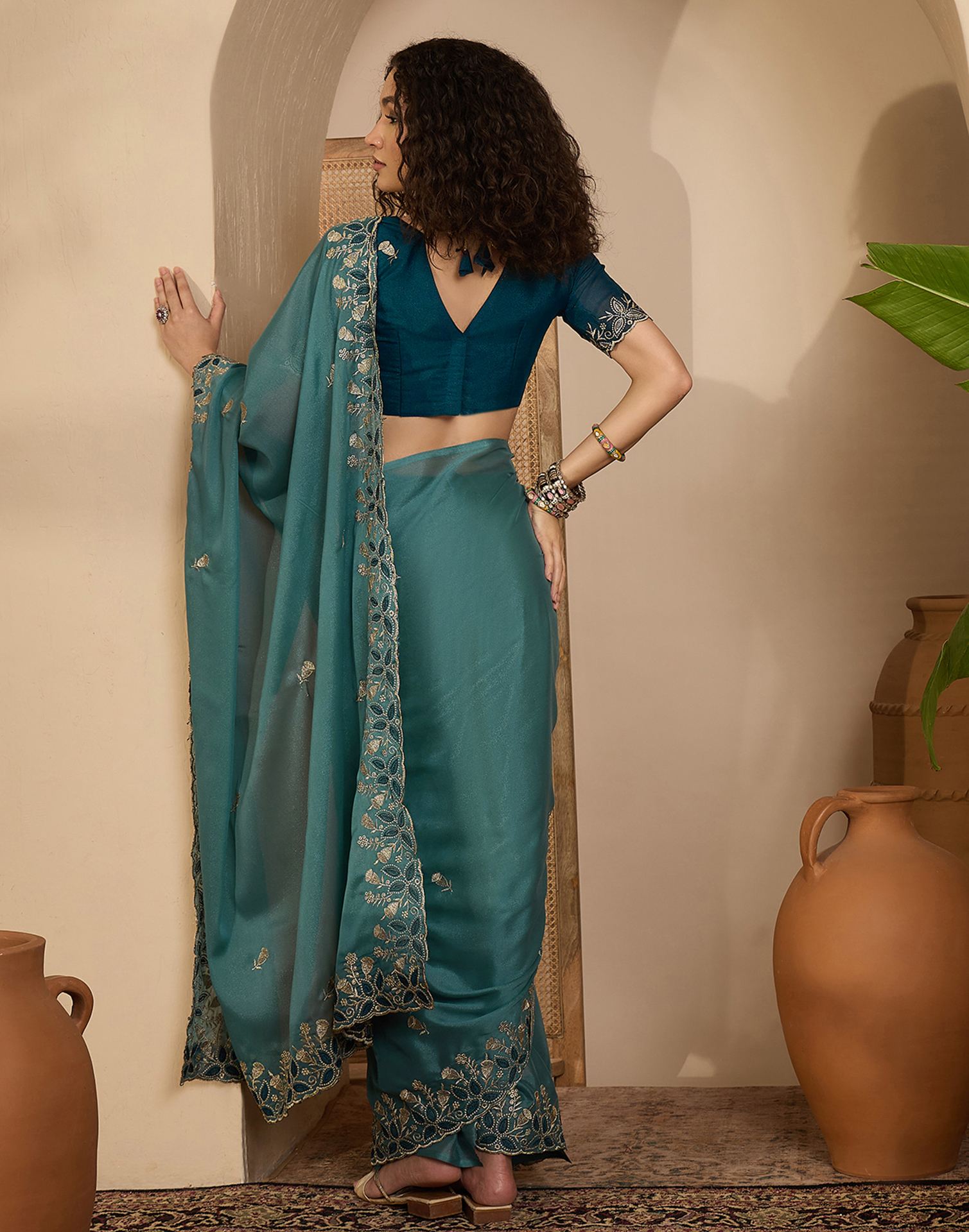 Dusty Teal Blue Shimmer Sequence  Embroidery Saree