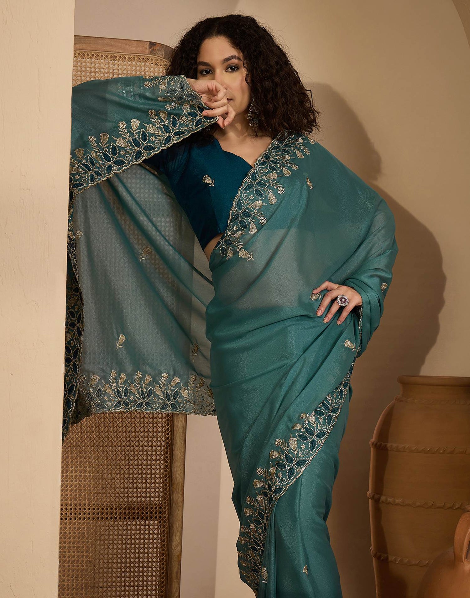 Dusty Teal Blue Shimmer Sequence  Embroidery Saree