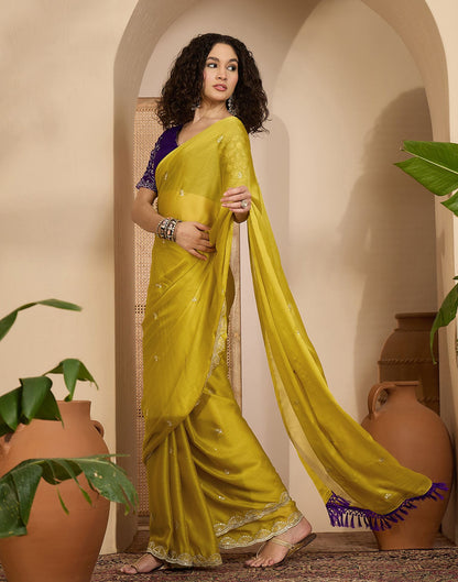 Lime Yellow Chiffon Sequence  Embroidery  Saree