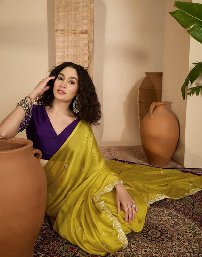 Lime Yellow Chiffon Sequence  Embroidery  Saree