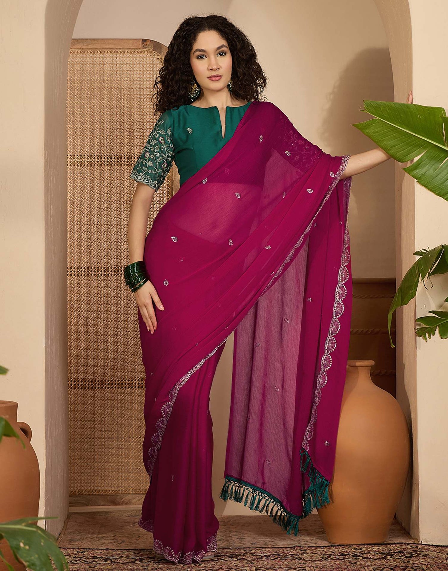 Rani Pink Chiffon Sequence  Embroidery Saree