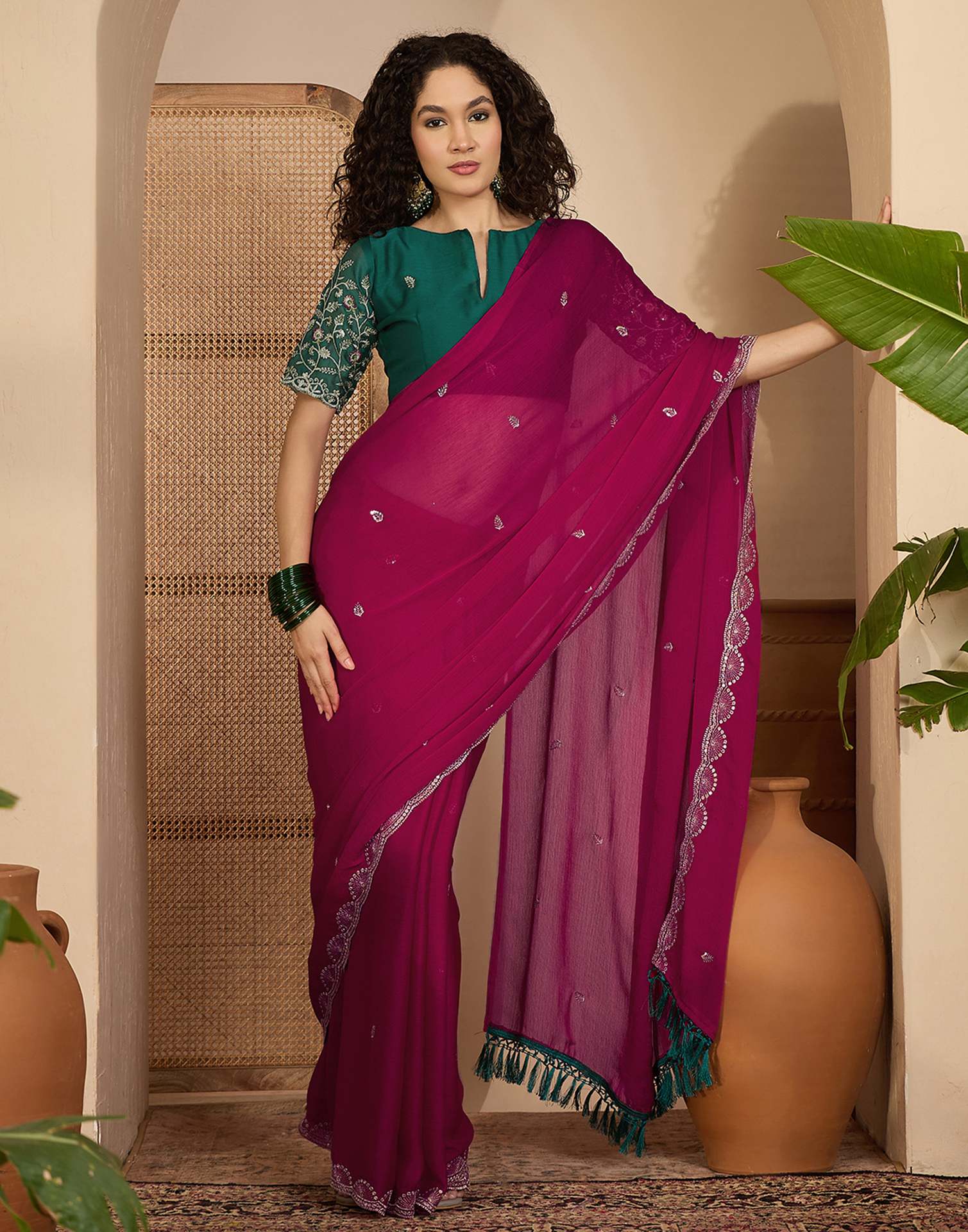 Rani Pink Chiffon Sequence  Embroidery Saree