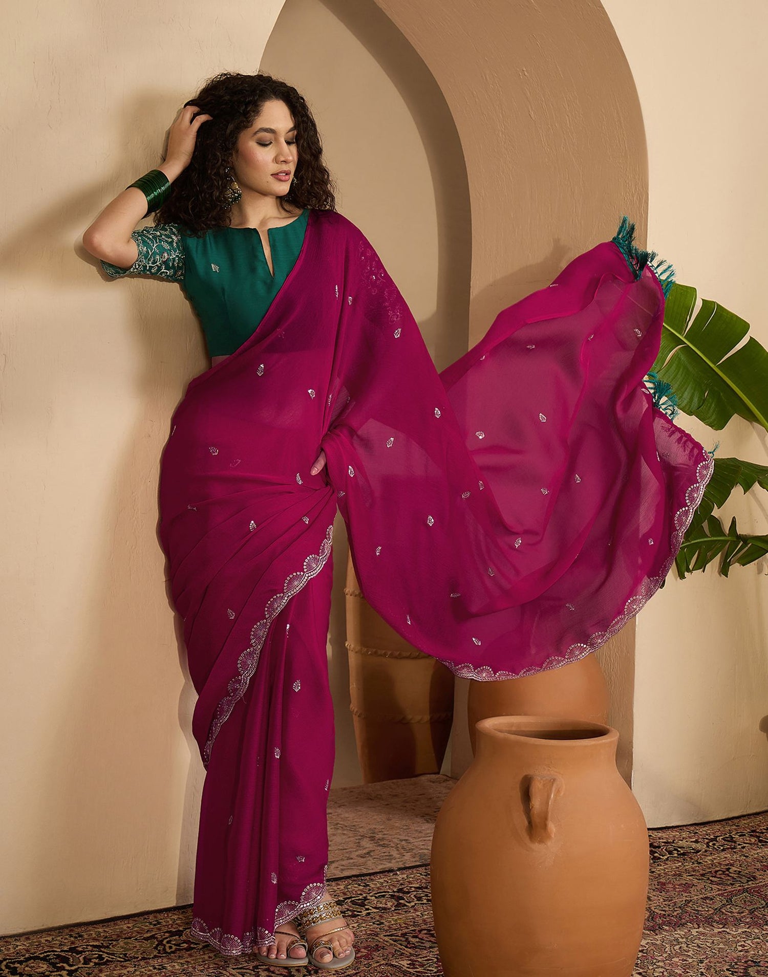 Rani Pink Chiffon Sequence  Embroidery Saree