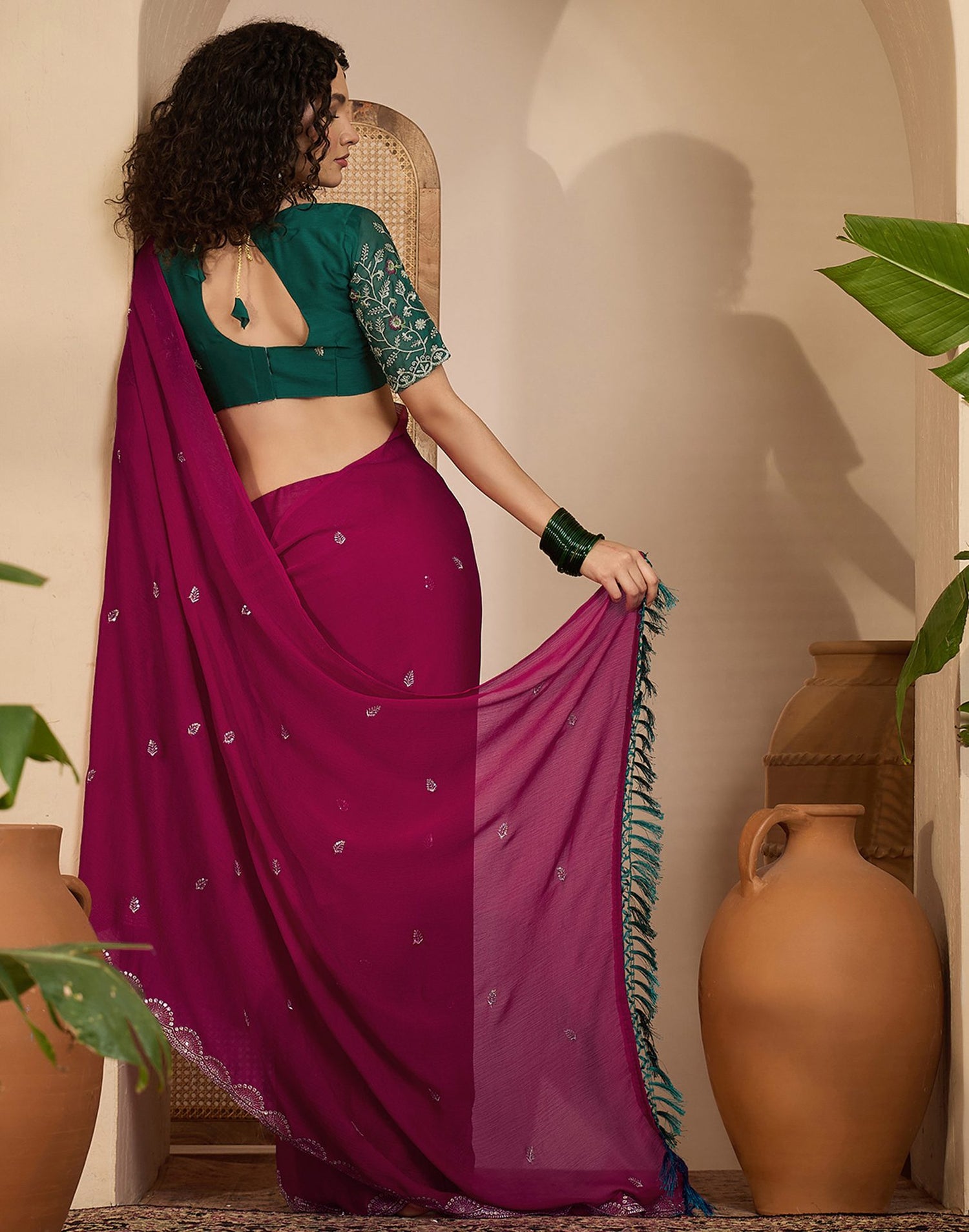 Rani Pink Chiffon Sequence  Embroidery Saree