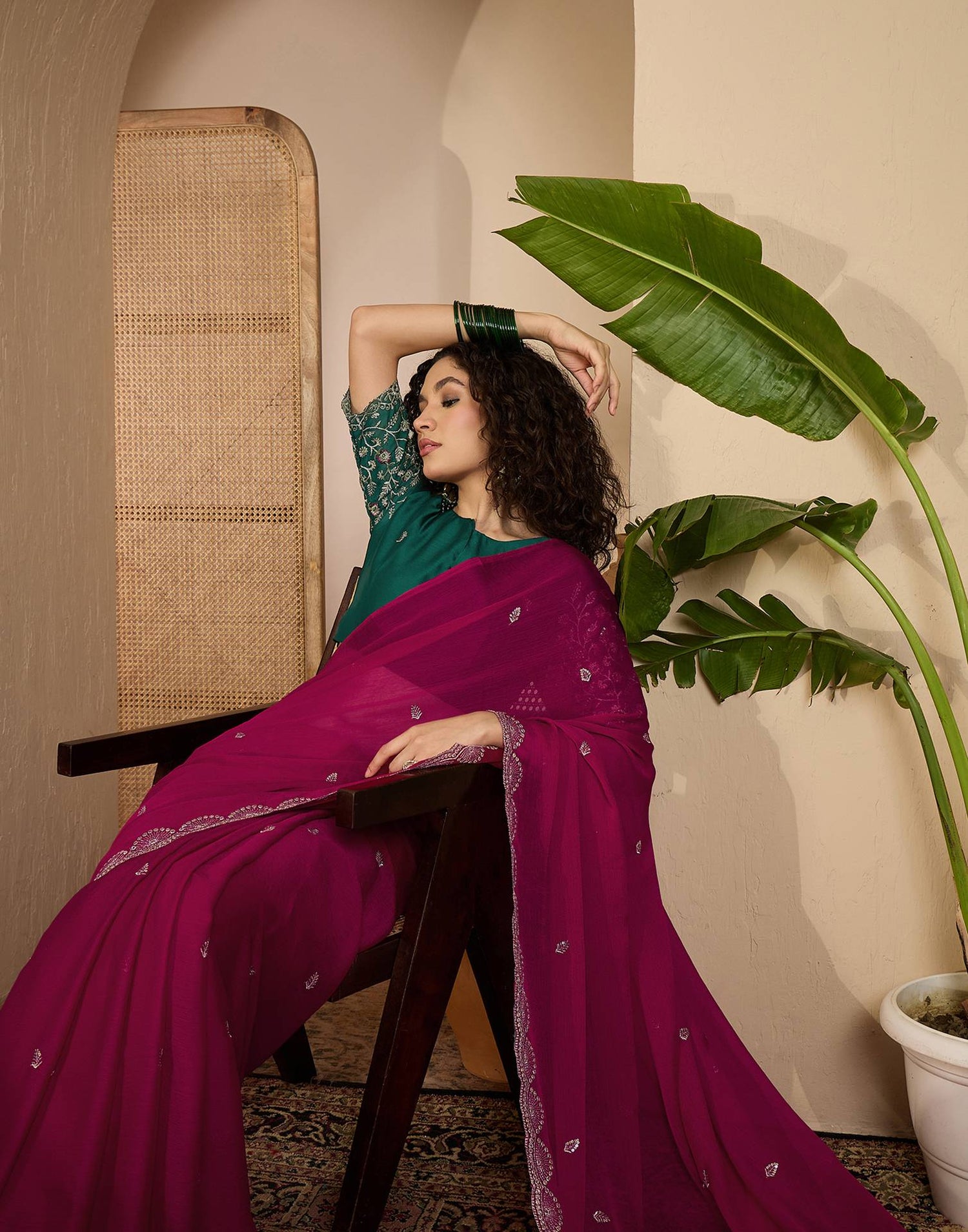 Rani Pink Chiffon Sequence  Embroidery Saree