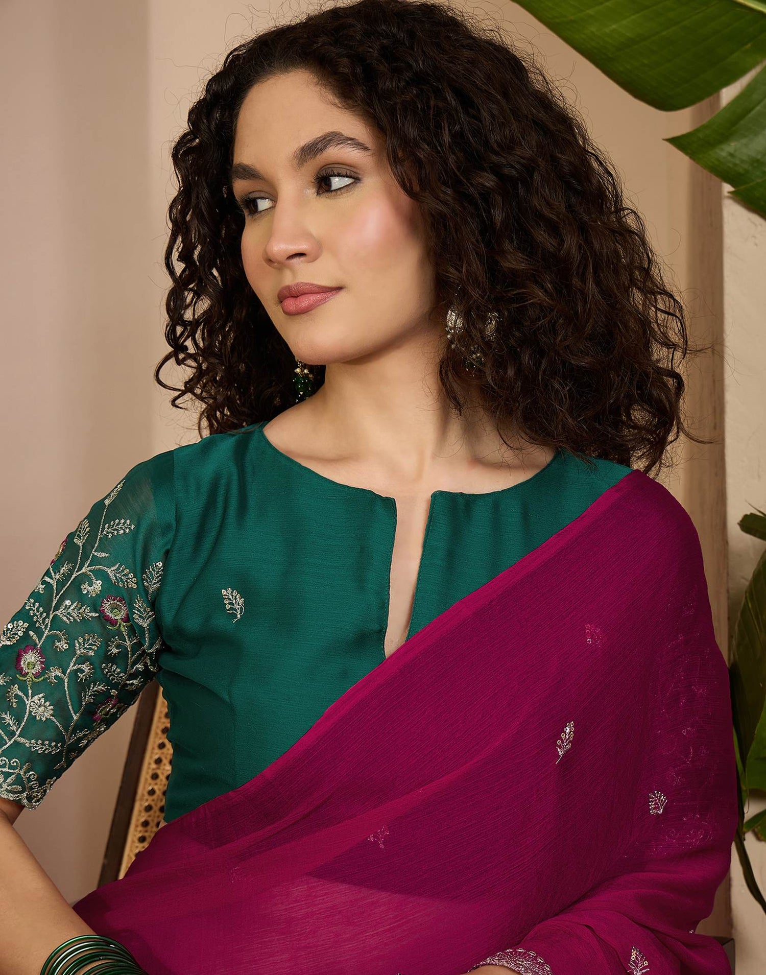 Rani Pink Chiffon Sequence  Embroidery Saree