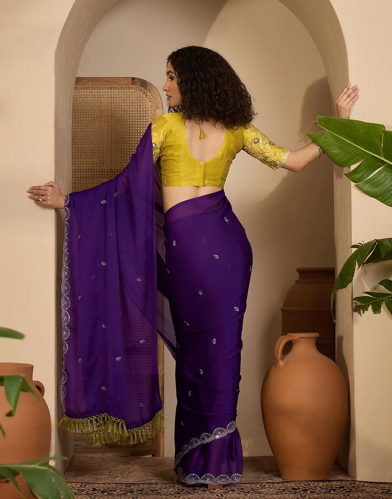 Purple Chiffon Sequence  Embroidery Saree