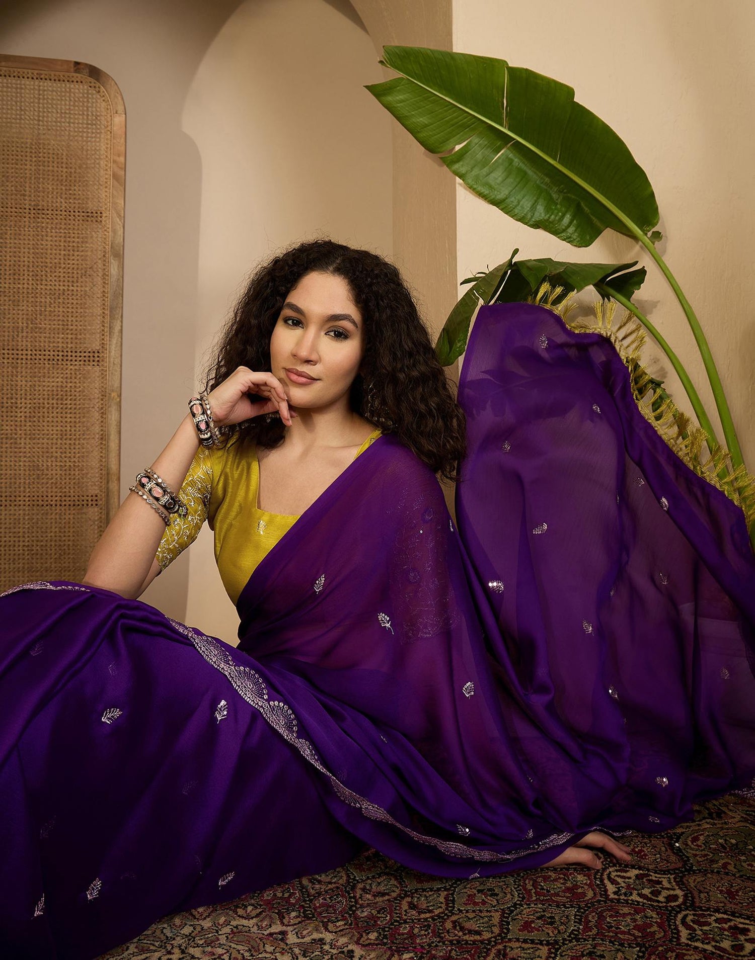 Purple Chiffon Sequence  Embroidery Saree