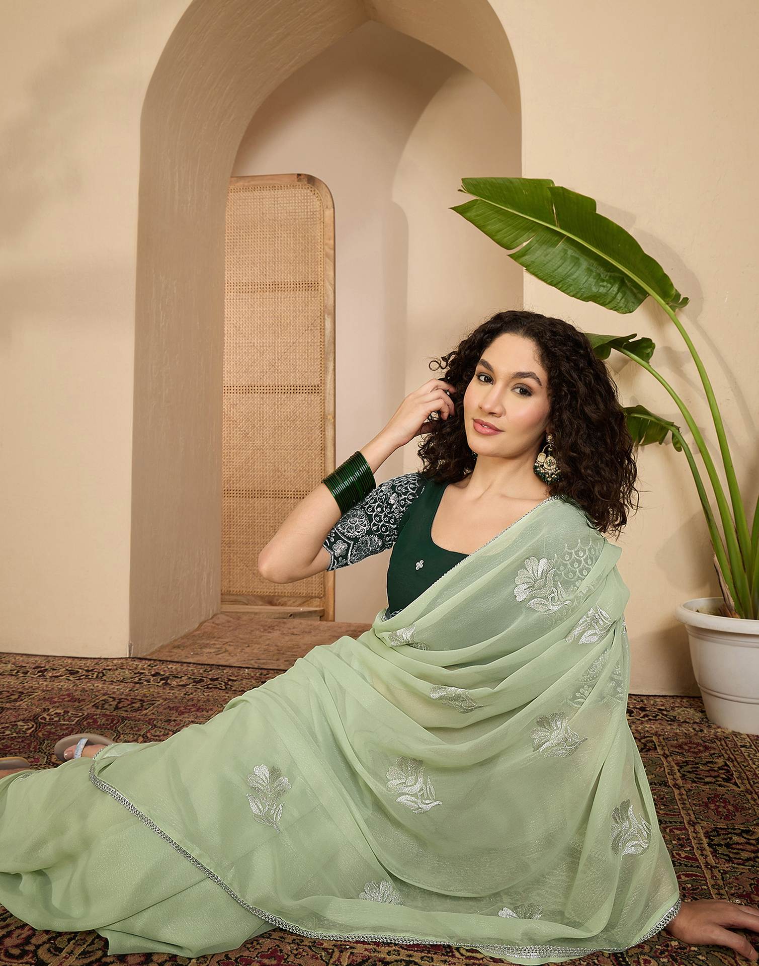Light Mint Green Georgette Sequence Embroidery saree