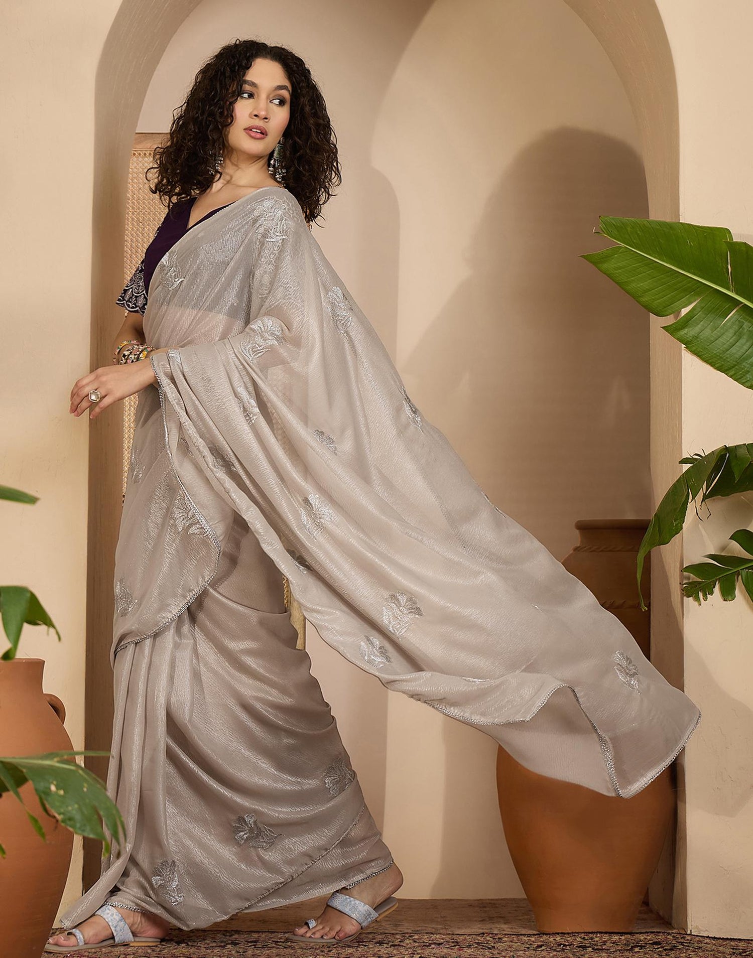 Beige Georgette Sequence Embroidery saree