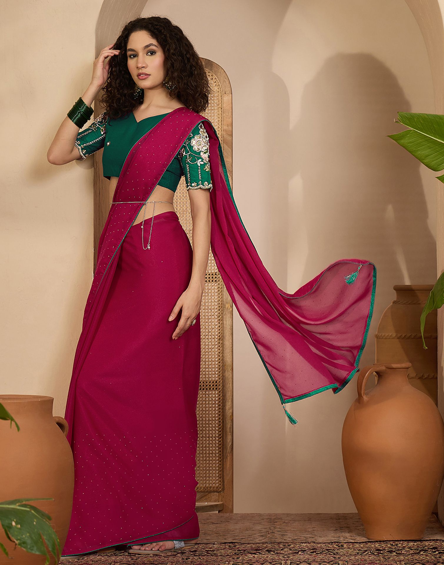 Dark Rani Pink Shimmer Stone Work Embellished saree