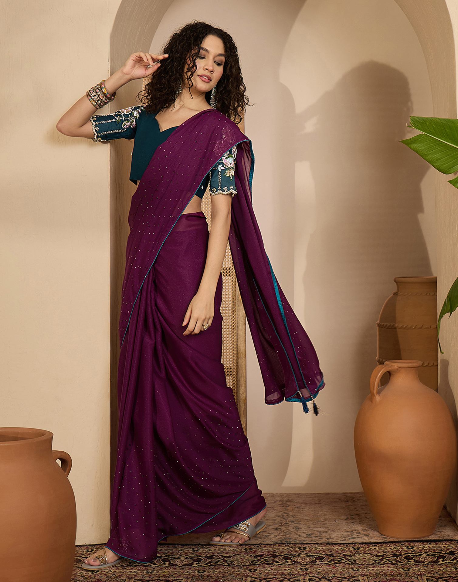 Dark Purple Shimmer Stone Work Embellished saree