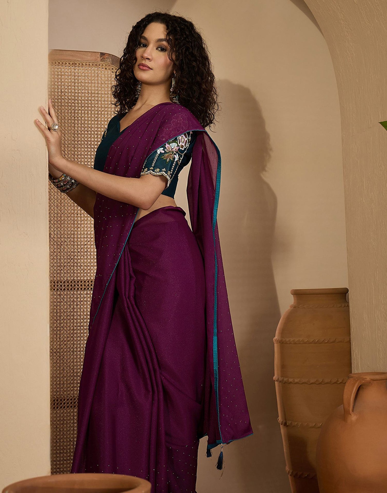 Dark Purple Shimmer Stone Work Embellished saree