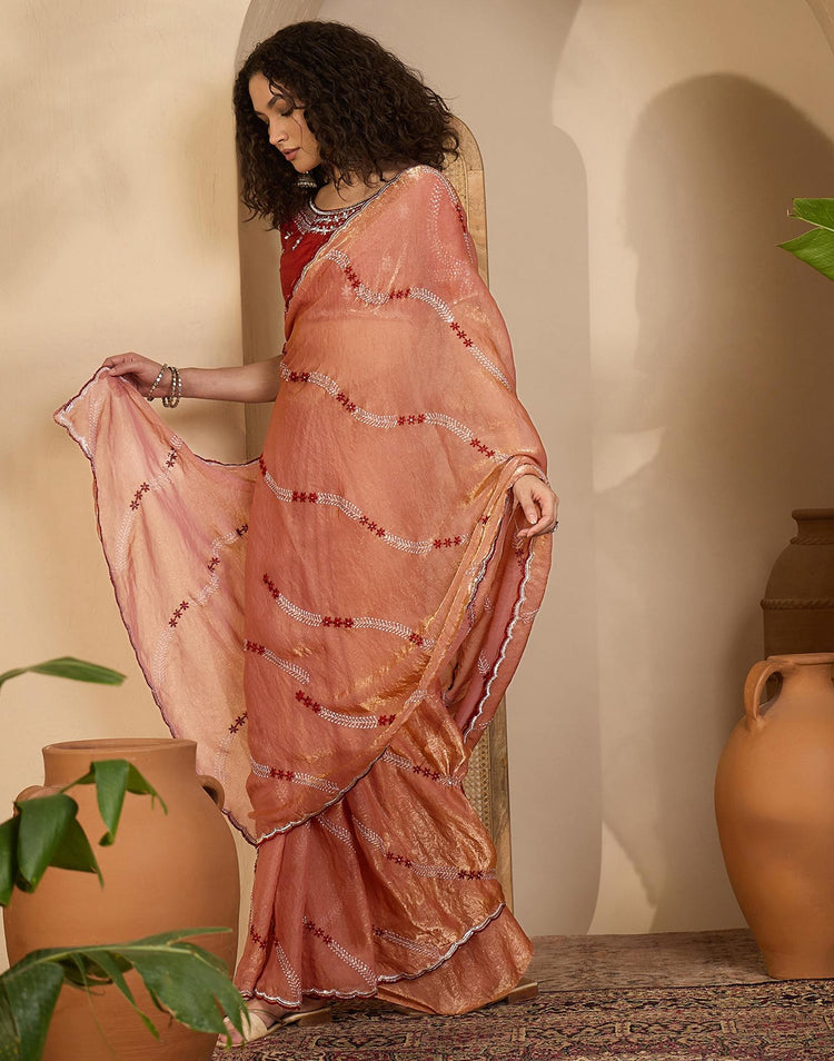 Peach Shimmer Tissue Sequence Embroidery saree