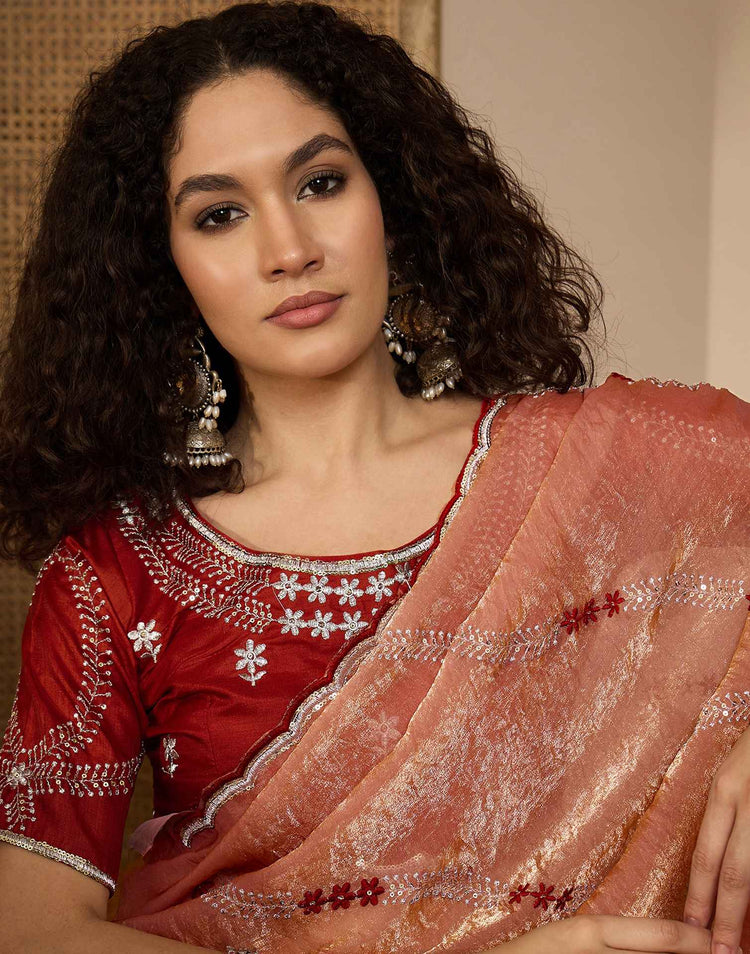Peach Shimmer Tissue Sequence Embroidery saree