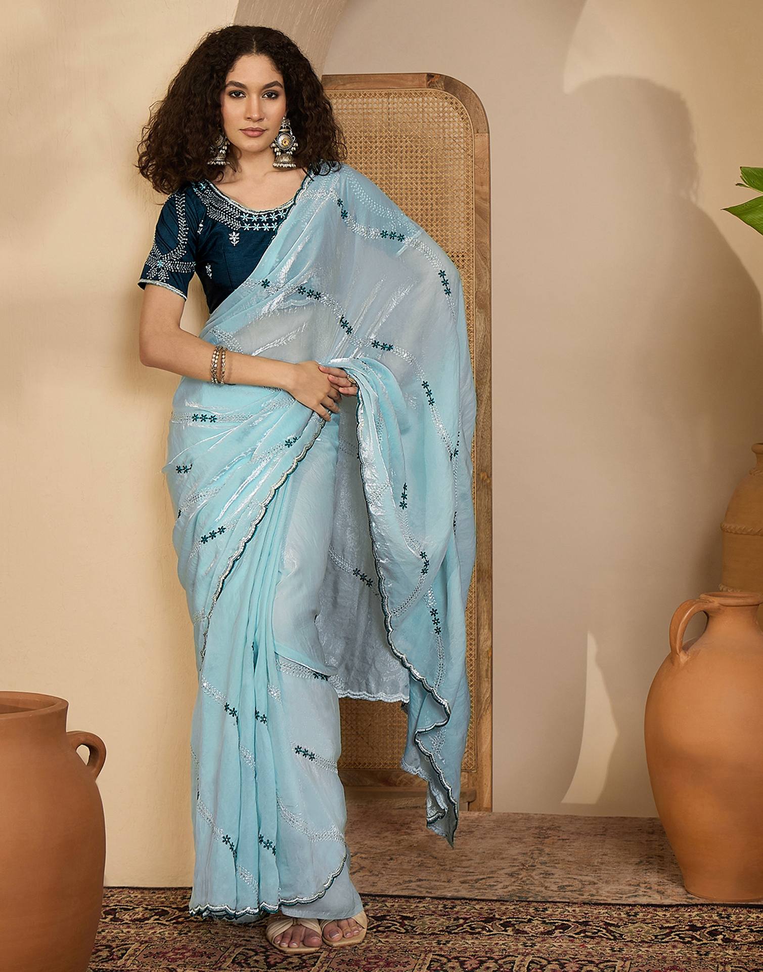 Sky Blue Shimmer Tissue Sequence Embroidery saree